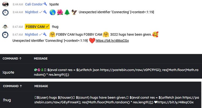 2025-03-28 !hug and !quote broken